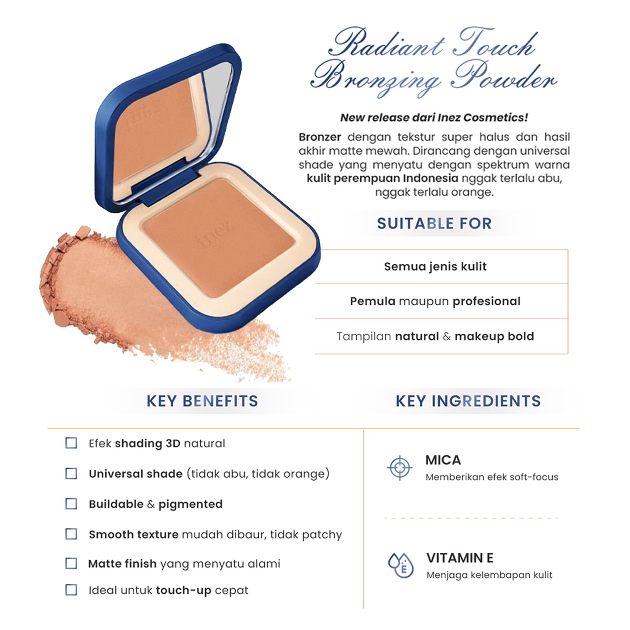 INEZ Radiant Touch Bronzing Powder Makeup Sun Kissed Look - Gambar 4